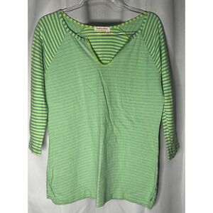Fresh Produce Tunic Top Women Blue Green Striped 3/4 Sleeve Cotton Medium